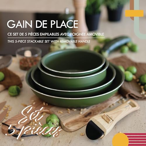 MENASTYL - Removable stackable cookware - Suitable for all heat sources, including induction - PFAS-free non-stick ceramic coating - Colorama range - Olive colour - 2 frying pans + 2 saucepans + 1 - Image 4