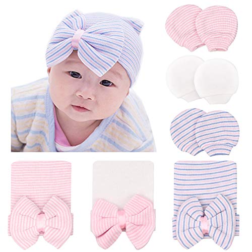 DRESHOW BQUBO 3 Pack Newborn Hospital Hat and Mittens Infant Baby Beanie with Bow Soft Cute Knot Nursery Cap