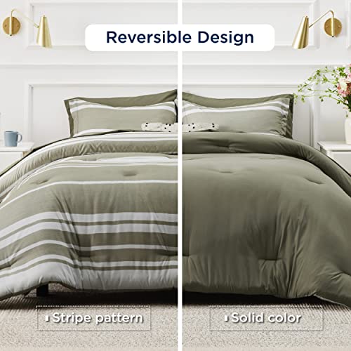 Image of Bedsure Queen Comforter Set 7 Pieces, Olive Green Striped Bedding Set for All Seasons, Reversible, Cationic Dyeing Bed in a Bag with Comforter, Sheets, Pillowcases & Shams