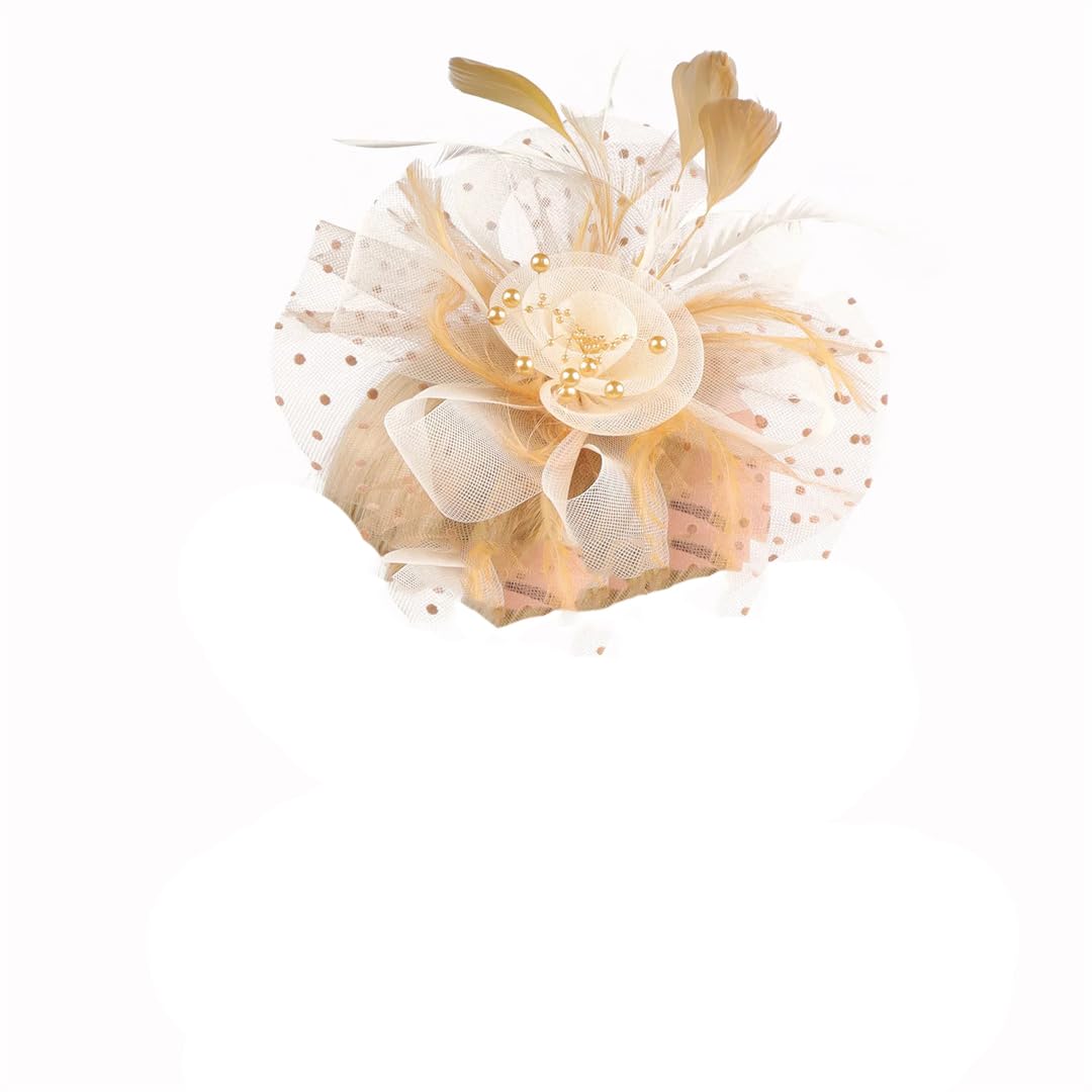 Tocado de Plumas de Flores a la Moda para Mujer, Accesorios para el Cabello para Mujer, Fiesta de Boda, Velo de Malla Floral, Diadema, Horquilla (Oro y Marfil, Talla única)