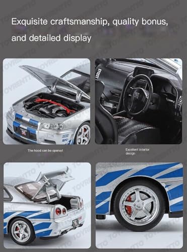 Image of 1:24 Nissan GT R34 Skyline Die-Cast Car Toy - Alloy Pullback Model with Lights, Sound & Opening Doors - Realistic Sports Car Toy for Kids & Collectors White
