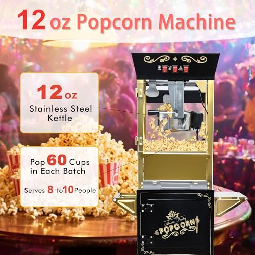 Image of 12 Oz Popcorn Machine with Cart (Black) - Medium Capacity Vintage Popcorn Maker - 3 Easy Switches with Storage, 4 Spoons for Home & Light Commercial Use