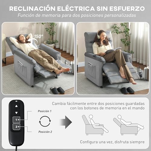 HOMCOM Sillón Relax Reclinable Eléctrico, con Calor Lumbar y Masaje Vibración, Sillón Masaje Relax, Motor Silencioso, Función de Memoria, Bolsillos, Control Remoto con USB, Tejido Pet-Friendly, Gris - imagen 5