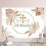 Picture of Riyidecor Mi Bautizo Sign Backdrop God Bless Baptism Banner First Holy Communion Girl Boho Pink Pampas Floral 7Wx5H Feet Peace Dove Photography Background Christening Decorations Studio Photo Shoot