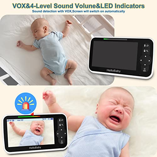 Image of HelloBaby 5 Inch Video Baby Monitor with 720p Camera and Audio, Remote Pan-Tilt-Zoom Camera with Night Vision, 2-Way Talk, Temperature, 8 Lullabies and 1000ft Range Baby Monitor No WiFi Needed