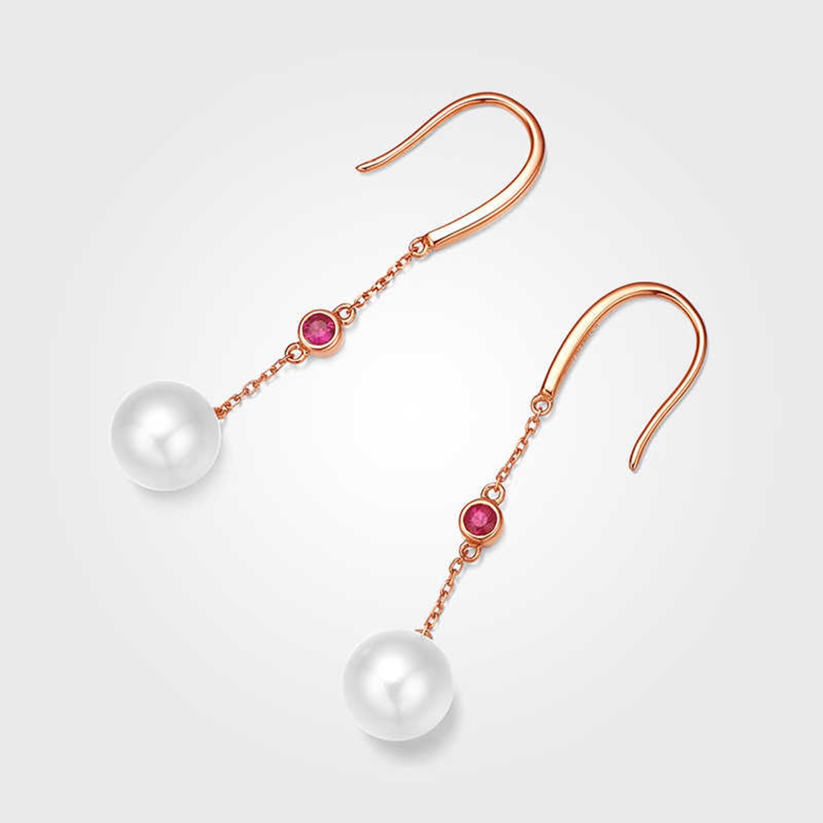 Ohrhänger Rosegold, Damenohrringe mit Anhänger aus Rubin und Perle, 7,5–8 mm