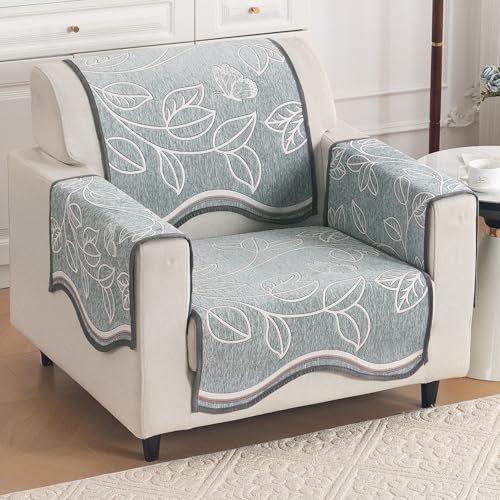 Image of HOKIPO Complete (Seat+Back+Arm) Sofa Mat Set for 1 Seater Sofa |Premium Chenille Sofa Covers with Curve Edges, 'Serene Curves Series' - Celestical Leaves (IN-993+1002+1001 * 2 - D4)