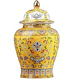 XDLEDMKIZ Jarrón Decorativo de cerámica China, jarrón de Jengibre, jarrones Florales con Tapa, jarrón de Porcelana esmaltada Dorada, jarrones de Templo, Tarro para Guardar té, Tar