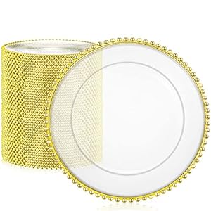 50 Pcs Clear Charger Plates 13 Inch Plastic Round Dinner Plates with Beaded Rim Dinner Table Decorative Plates for Home Wedding Kitchen Birthday Bridal Shower Party Dinner Table Supply (Gold)