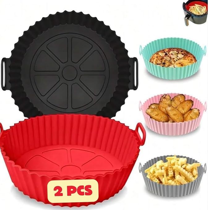 Silicone Air Fryer Liner Tray with Handles, Round Baking Basket, Heat Resistant, Pack of 2, Multi Color Cooking Oven Baking Accessories-image-32