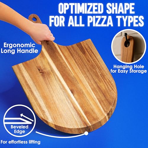 Image of KitchenStar Acacia Wood Pizza Peel 16 inch - Wooden Pizza Board with Handle - Pizza Paddle & Cutting & Serving Board