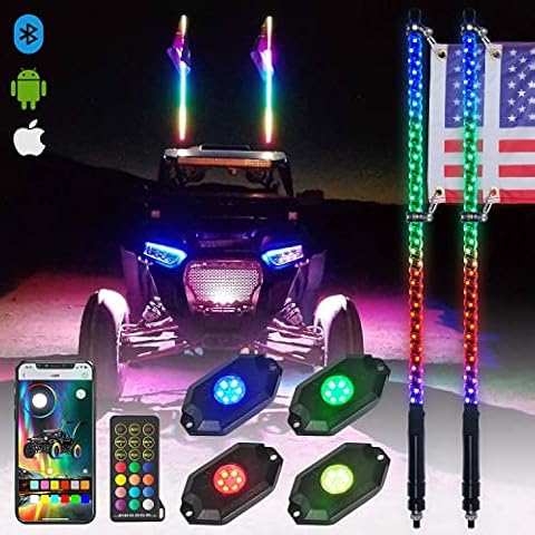 OHMU 2Pcs 3FT Led Whips and 3rd-Gen Rocks Lights Combo Bluetooth and Remote Control,Upgraded Higher Brightness 360° Spiral RGB Chasing Lighted Antenna Whips and Neon Pods Cover