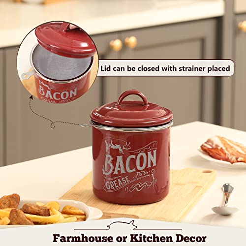 [ Larger Capacity ] Bacon Grease Container With Fine Strainer And Lid - 38 Oz Enamel Bacon Grease Keeper Oil Can For Bacon Fat Dripping - Farmhouse Or Kitchen Gift & Decor, Bacon Cooker Accessories #TOP5