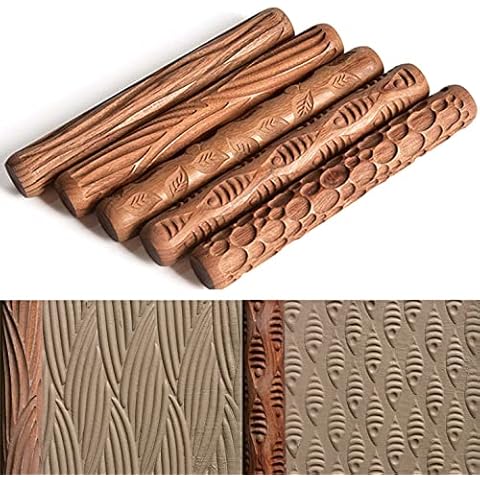 Kafei 5 Stücke Töpfer Werkzeuge Holz Hand Rollen für Ton Ton Stempel Ton Muster Roller Cover