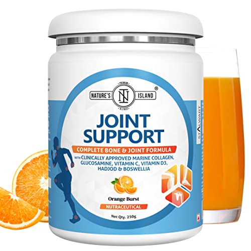 Image of Nature's Island Joint Support Supplement with Marine Collagen, Glucosamine, Boswellia, Hadjod, Vitamin D3 and C for Cartilage, Bones & Joints | Relieves Joint Pain, Inflammation & Stiffness | 250g (Orange)