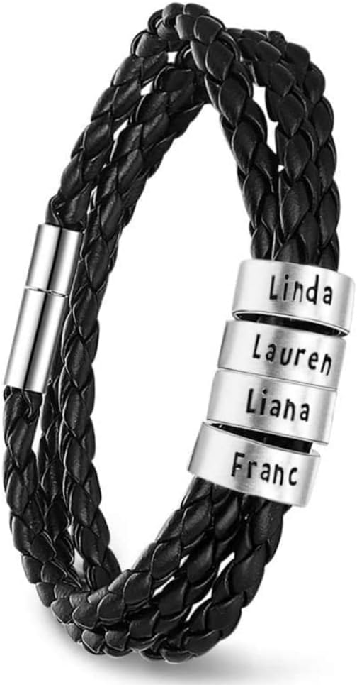Wendy MadeFathers Day Bracelets for Men Personalized Mens Black Braid Leather Bracelets Custom 2-5 Names Jewelry Gifts for Dad Husband Boyfriend Christmas Birthday