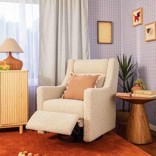 Image of Babyletto Kiwi Plus Electric Recliner Glider in Almond Teddy Loop | GREENGUARD Gold & CertiPUR-US Certified - Power Recliner Rocking Nursery Chair w / USB Ports - 270 Swivel