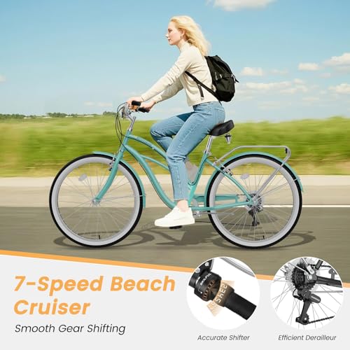 Image of MOONCOOL Beach Cruiser Bike for Women and Men, 24 /26 Inch 7-Speed Adult Bicycle, Comfortable Step-Through Frame with Rear Rack, Classic City Cruiser
