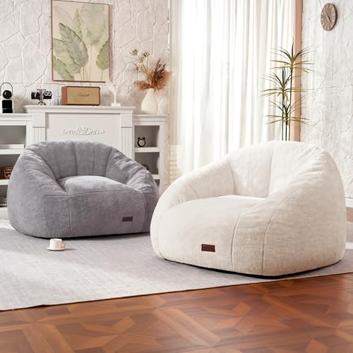 Image of HABUTWAY Bean Bag Chair, Giant Bean Bag Chairs for Adults with Ottoman, Comfy Faux Fur Shell-Shaped Bean Bag Couch, Sofa Chair for Living Room, Bedroom, White