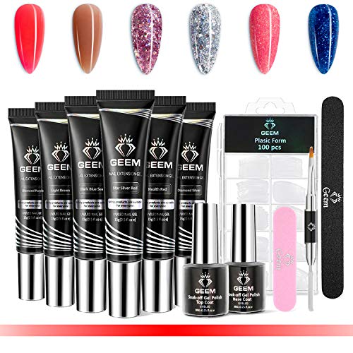 GEEM Red & Dark Blue Sea Gel Nail Polish Kit Nail Poly Extension Gel for nail extension gel With Nail Fils and Nail False DIY Nail Art Equipment All-in-One Tools Kit