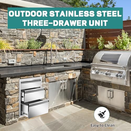 Image of Outdoor Kitchen Drawers 18 inch W x 24 inch H x 23 inch D Stainless Steel Drawer BBQ Triple Drawers with Hidden Handle for Outdoor Kitchen Island, Patio Grill Station