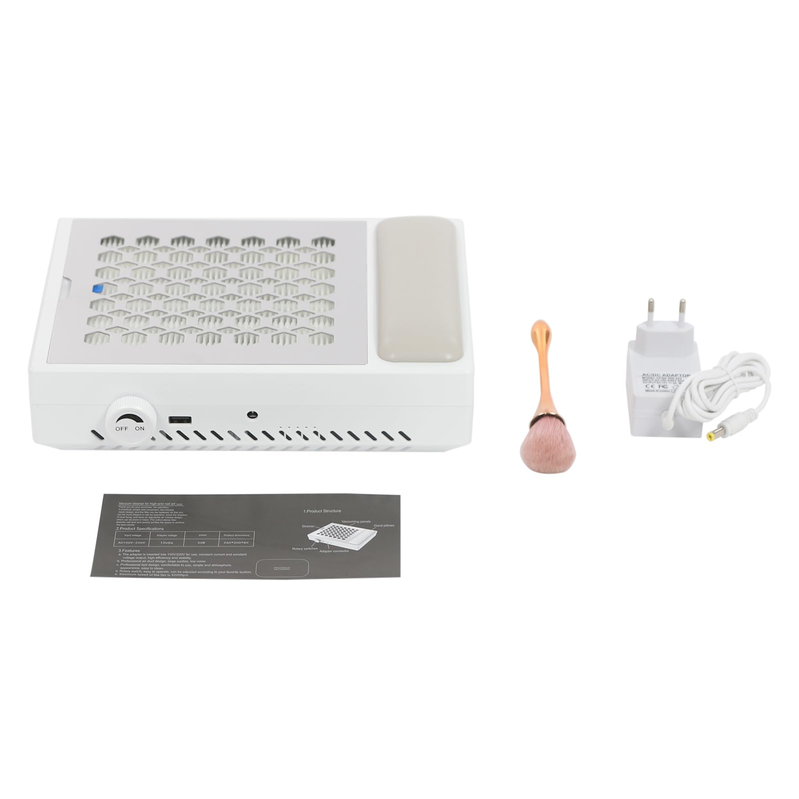 Aspirador de uñas profesional de 56 W, 4200 rpm, soporte de mano, PU (blanco)