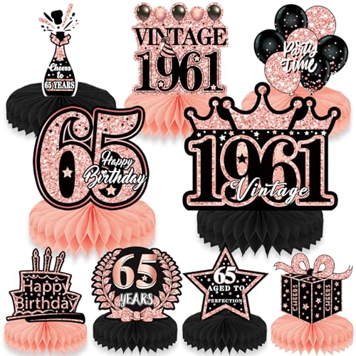 Refavor 65th Birthday Decorations - 9PCS Vintage Honeycomb Centerpieces Table Decor for Women, Happy 1959 Years Party Supplies