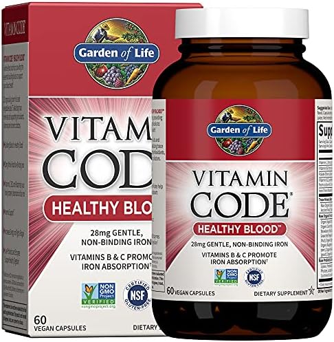 Garden of Life Vitamin Code Iron Supplement, Healthy Blood - 60 Vegan Capsules, 28g Iron, Vitamins B, C, Trace Minerals, Fruit Veggies, Probiotics - Iron Supplements for Women Energy, Anemia Support