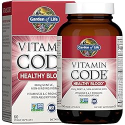 Garden of Life Vitamin Code Healthy Blood - Iron Supplement for Women, 60 Vegan Capsules, with Vitamins B, C, Trace Minerals, Fruit Veggies, Probiotics - for Energy and Anemia Support | Whole Food Iron Pills with Vitamins B6, B12, C, Probiotics, Digestive & Cellular Energy Support, Vegan, Gluten-Free, Non-GMO