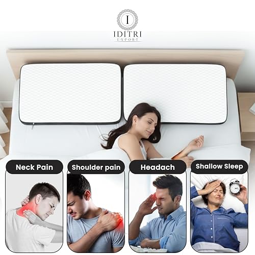 Image of Orthopedic Memory Foam Pillow Set of 2, 50x30x6 cm Shredded Core for Neck Support, White /Black Breathable Fabric, Aligned Spine Bedding for Back and Stomach Sleepers