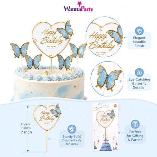 Image of Wanna Party Happy Birthday Cake Topper with Blue Butterflies, 5 Pcs Butterfly Cake Decoration Set for Birthday Cake, Cupcake, Dessert Table, Party Decor & Celebration Supplies