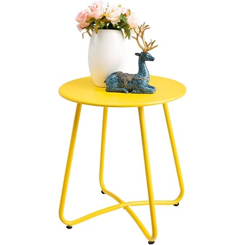 HollyHOME Small Round Patio Metal Side Snack Table, Accent Anti-Rust Steel Coffee Table for Garden, Modern Weatherproof Outdoor End Table, (H) 17.55" x(D) 15.6", Yellow Cream