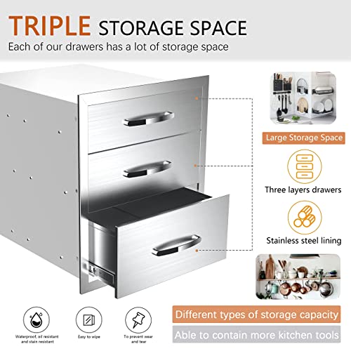 Image of 20''W x 27''H x 23''D Outdoor Kitchen Triple Access Drawers Stainless Steel, Flush Mount BBQ with Handles BBQ Island for Outdoor Kitchens or Patio Grill Station