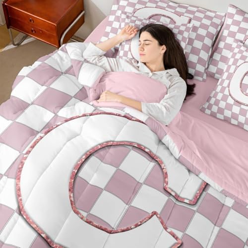 Image of Erosebridal Pink Initial C King Bed in A Bag 7 Piece Kawaii Plaid Checkered Comforter Set with Sheets Cute Personalized Monogram Bedding Sets for Kids Girls Teen Women,Fashion Grids Gingham Bed Set