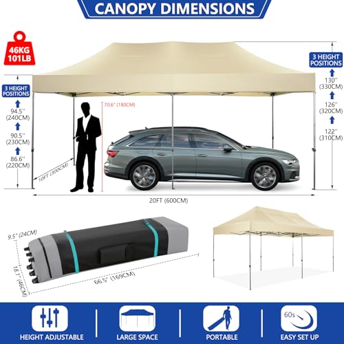 Image of COBIZI 10x20 Heavy Duty Pop Up Canopy Tent with 6 Sidewalls Thicken Frame, Commercial Easy Up Outdoor Wedding Party Tents, All Season Waterproof Windproof with Stakes Sandbags Ropes Roller Bag, Desert