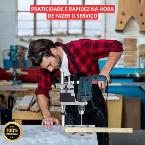 Suporte para Furadeira com Morsa, ideal para trabalhos de perfuração com ajuste de altura e ângulo.
