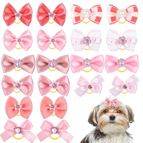 TIESOME 20 PCS Dog Hair Bows with Rubber Bands, Pink Small Size Cute Puppy Hair Bows Multiple Style Elastic Pet Puppy Clip for Holiday Daily for Yorkie Pomeranian Dogs