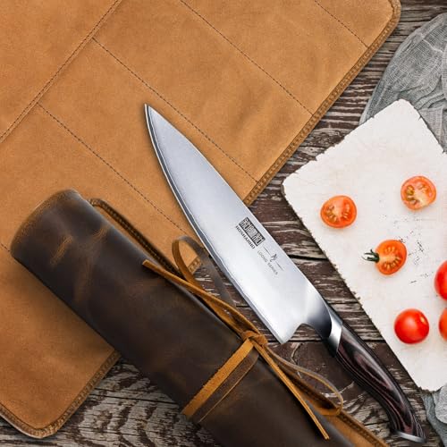 Image of ELIZO Leather Knife Roll Bag Professional Chef Knife Case, Durable Sheath Holder, Cooks & Culinary Tools Carrying Storage, Portable Wrap - 6 Slots