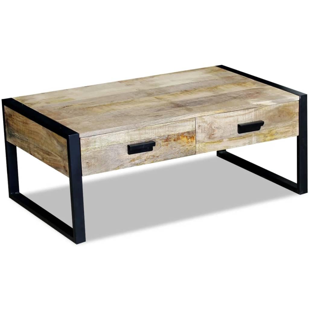 Couchtisch Massivholz Mango 100x60x40 cm - Rustikaler Wohnzimmertisch mit 2 Schubladen und Eisenbeinen, Retro Kaffeetisch aus Holz und Metall für das Wohnzimmer