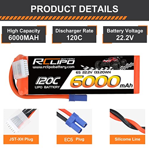 6S Lipo Battery 22.2V 120C 6000Mah Lipos With Ec5 Connector Rc Battery For Rc Car/Truck/Rc Plane/Helicopter/Quadcopter/Boat/Arrma Mojave/Krajave Exb/Felony/Arrma Typhon 6S V5/Avanti Jet(2Pcs) #TOP4