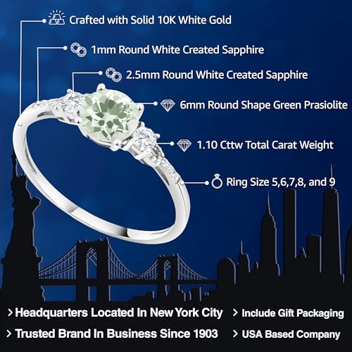 Gem Stone King 10K White Gold Green Prasiolite White Created Sapphire and White Diamond Accent 3-Stone Engagement Ring For Women (1.10 Cttw, Round 6MM, Gemstone Birthstone)2