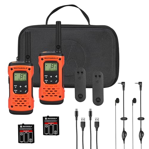 Image of Motorola Solutions, Portable FRS, T605 H2O, Talkabout, Two Way Radios Waterproof Walkie Talkie Emergency Preparedness, Rechargeable, 22 Channel, 35 Mile, Orange W /Black, 2 Pack