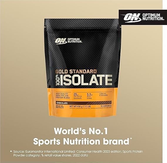 Optimum Nutrition Gold Standard 100% Isolate for Muscle Support and Repair, High Whey Protein Powder with BCAA Amino Acids, Low Sugar, Low Fat Sports Nutrition, Chocolate Flavour, 15 Servings, 450g