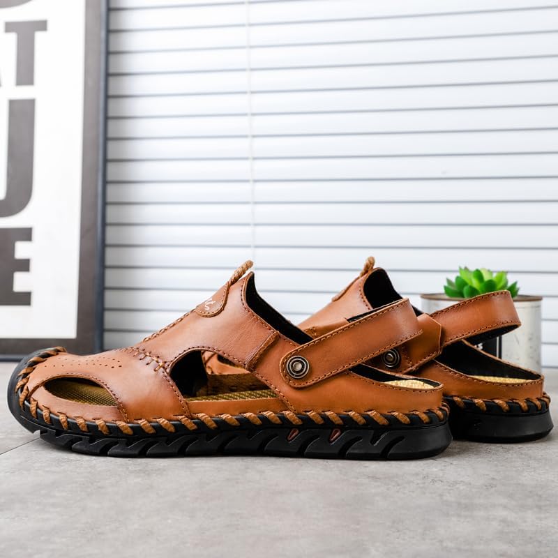 Men's Leather Closed Toe Sandals, Outdoor Sport Fisherman Sandals, Adjustable Strap, Brown
