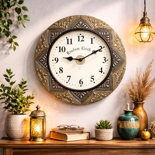 Image of RANDOM Brass Decorative Sweep Silent Wall Clock, Antique Gold, Embossed Mandala Frame, Round, Vintage Style 30 cm for Home Office