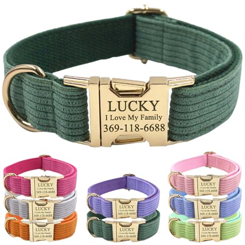 PETDURO Personalized Dog Collar Dark Green Soft Luxe-Rib Corduroy - Custom Collar with Name Phone Engraved on Gold Metal Buckle for Large Medium Small Boy Girl Dogs - Add Leash Bow via Customize Now