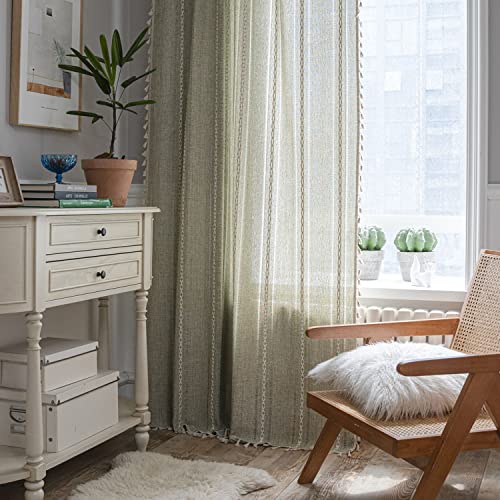Colorbird Sage Green Boho Curtains For Bedroom 63 Inch Length, 2 Panels Farmhouse Linen Curtains Living Room Darkening Drapes, Embroidered Country Window Curtain For Dining Nursery Closet #TOP1