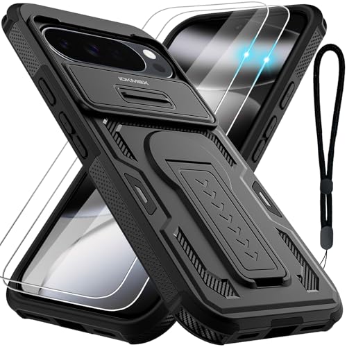Iokmax for Google Pixel 10 Pro XL Case with 2 Pack Screen Protector Upgrade Slide Camera Cover Kickstand Lanyard Strap Military Grade Shockproof Protective Heavy Duty Non-Slip Phone Case Black