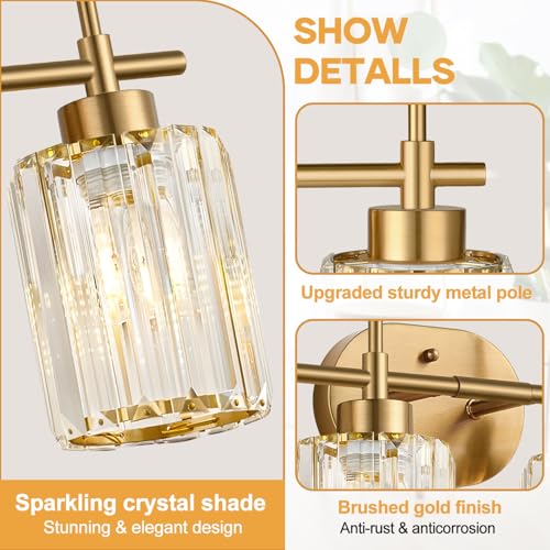 Image of Modern Crystal Bathroom Vanity Light, 4-Light Gold Bathroom Light Fixtures Over Mirror, Crystal Vanity Light with Brushed Gold Finish (Bulbs Not Included)