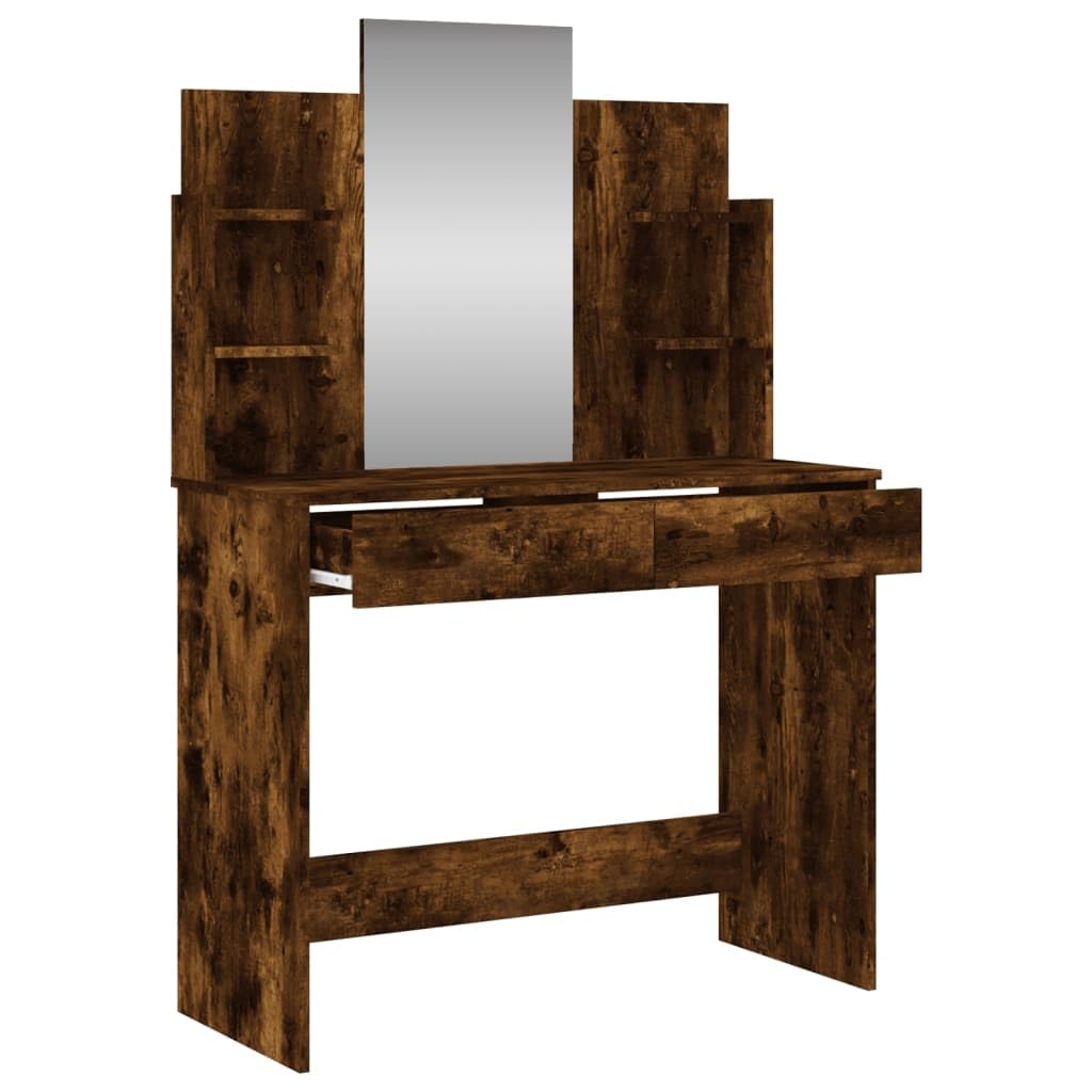 Schminktisch mit Spiegel Räuchereiche Holzwerkstoff 96x39x142 cm mit Schublade Ablage Stauraum und Hocker für Schlafzimmer Ankleidezimmer Jugendzimmer Mädchen